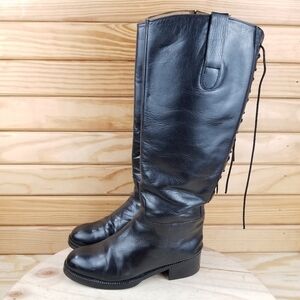 Italian Genuine All Leather Black Riding Boots Back Lace-up Women's Size 6.5